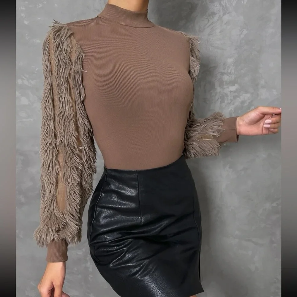 Cozy Faux Fur Fuzzy Long Puff Cuff Sleeve Mock Neck Top Blouse Shirt Black - Picture 8 of 16
